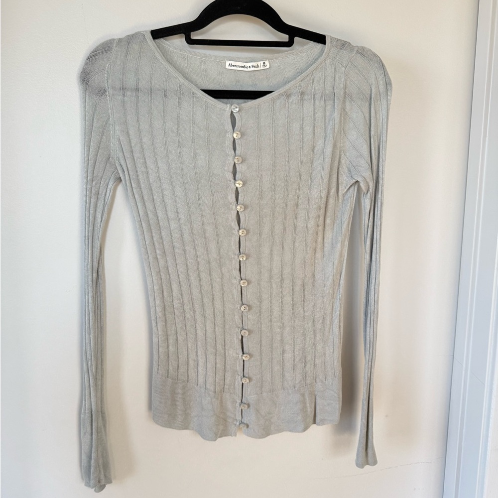 Blue/Gray Ribbed Button-Up Knit Top